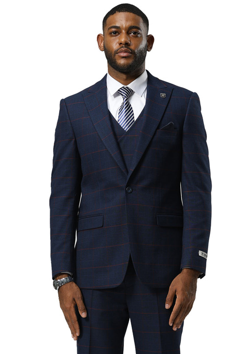 Men’s Stacy Adams One Button Peak Lapel Suit With Double Breasted Vest in Navy Glen Plaid