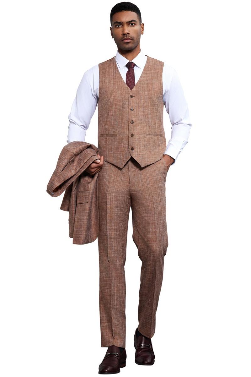 Men’s Stacy Adams Vested Sharkskin Weave Pattern Suit in Light Rust