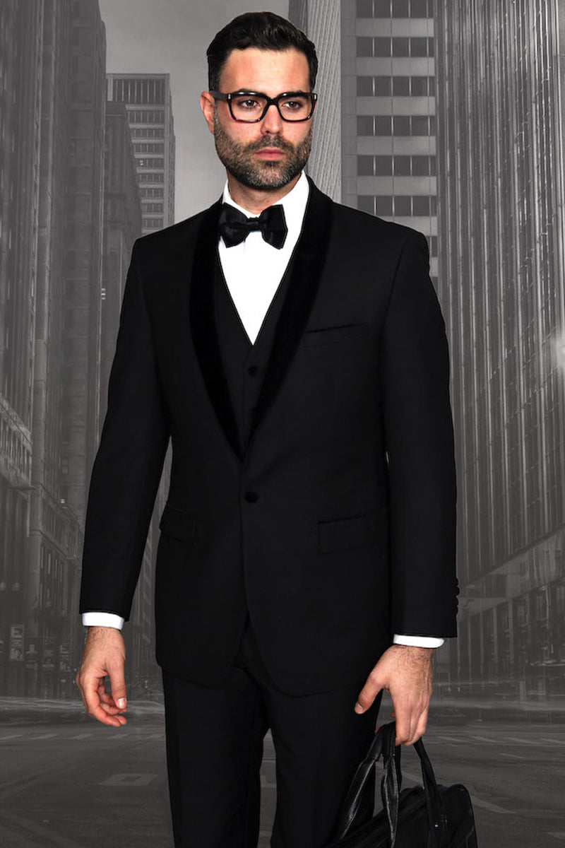 Men’s Vested Classic Dinner Jacket Wedding Tuxedo with Velvet Lapel in Black