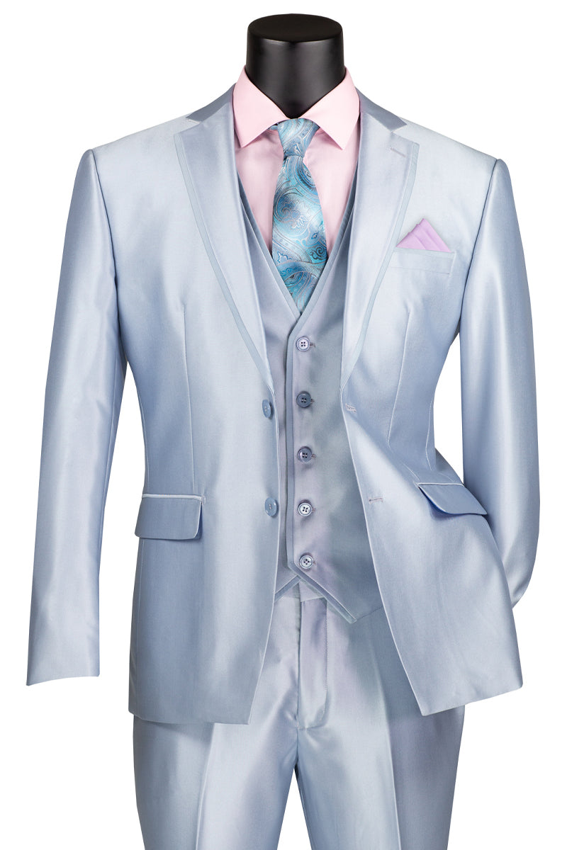 Men’s Vested Slim Fit Shiny Sharkskin Wedding & Prom Tuxedo Suit in Light Blue