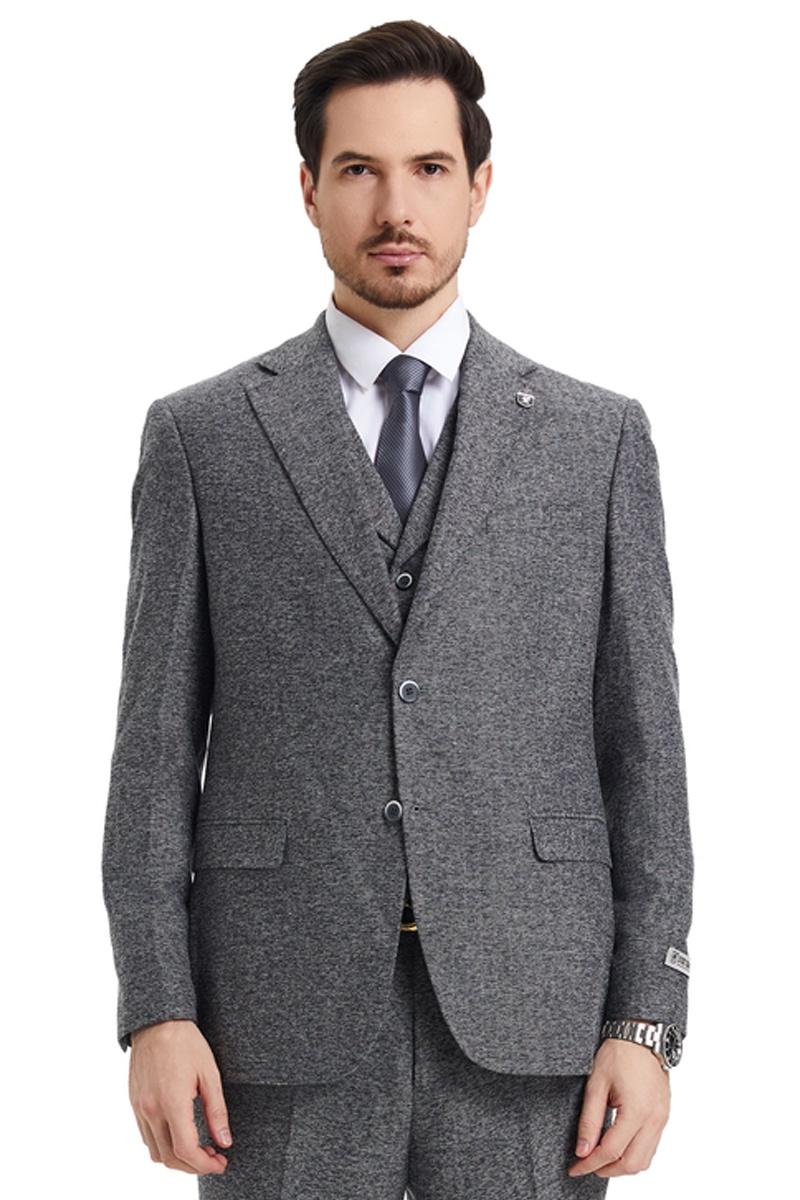 Men’s Stacy Adams Vested Vintage Herringbone Tweed Suit in Grey