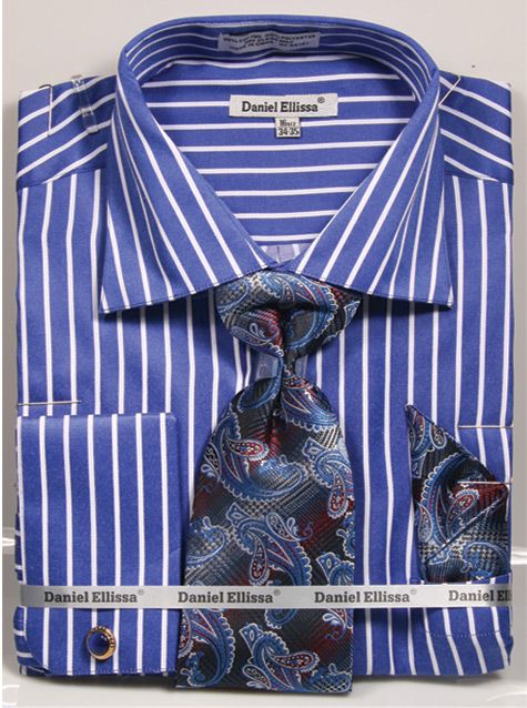 Men’s Regular Fit Spread Collar Dress Shirt & Tie Set in Bold Gangster Royal Blue & White Pinstripe