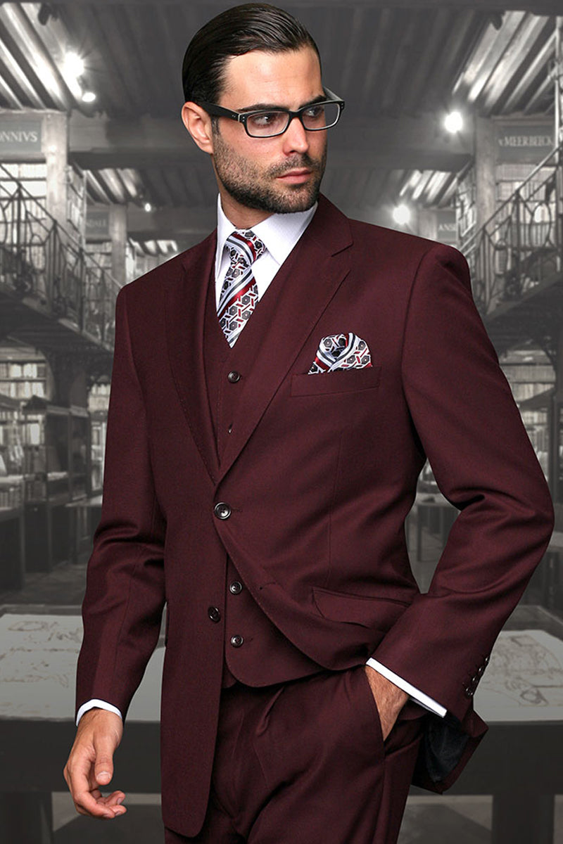 Men’s Designer Vested Modern Fit Wool Business & Wedding Suit in Burgundy
