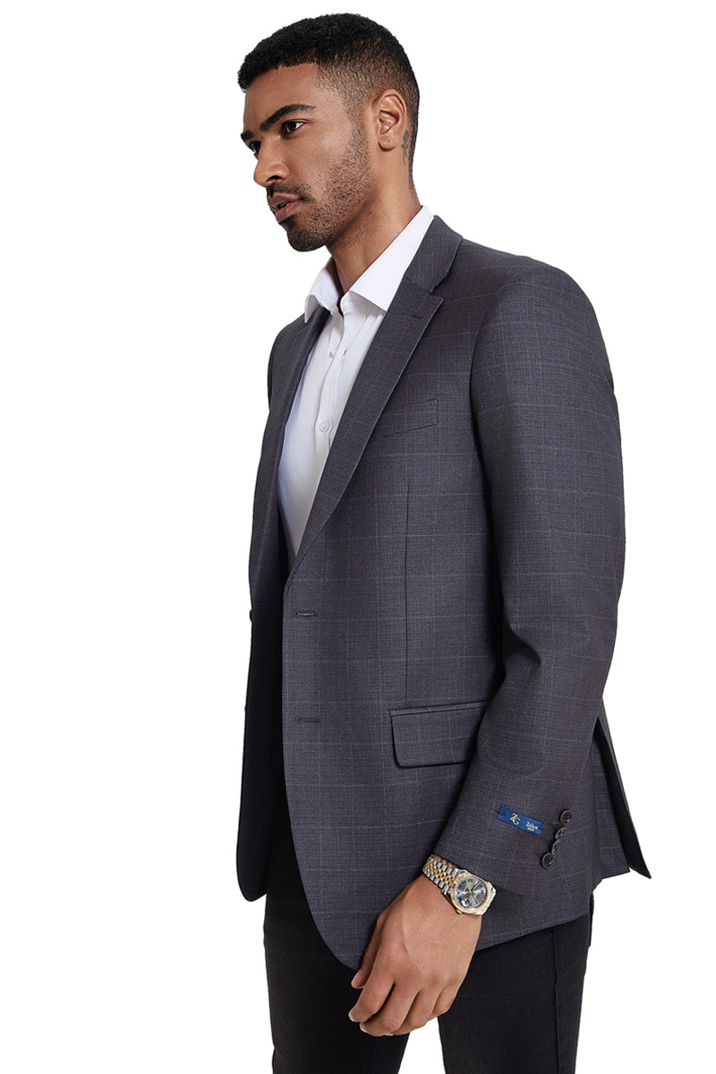 Men’s Two Button Modern Fit Sport Coat in Grey Windowpane Plaid