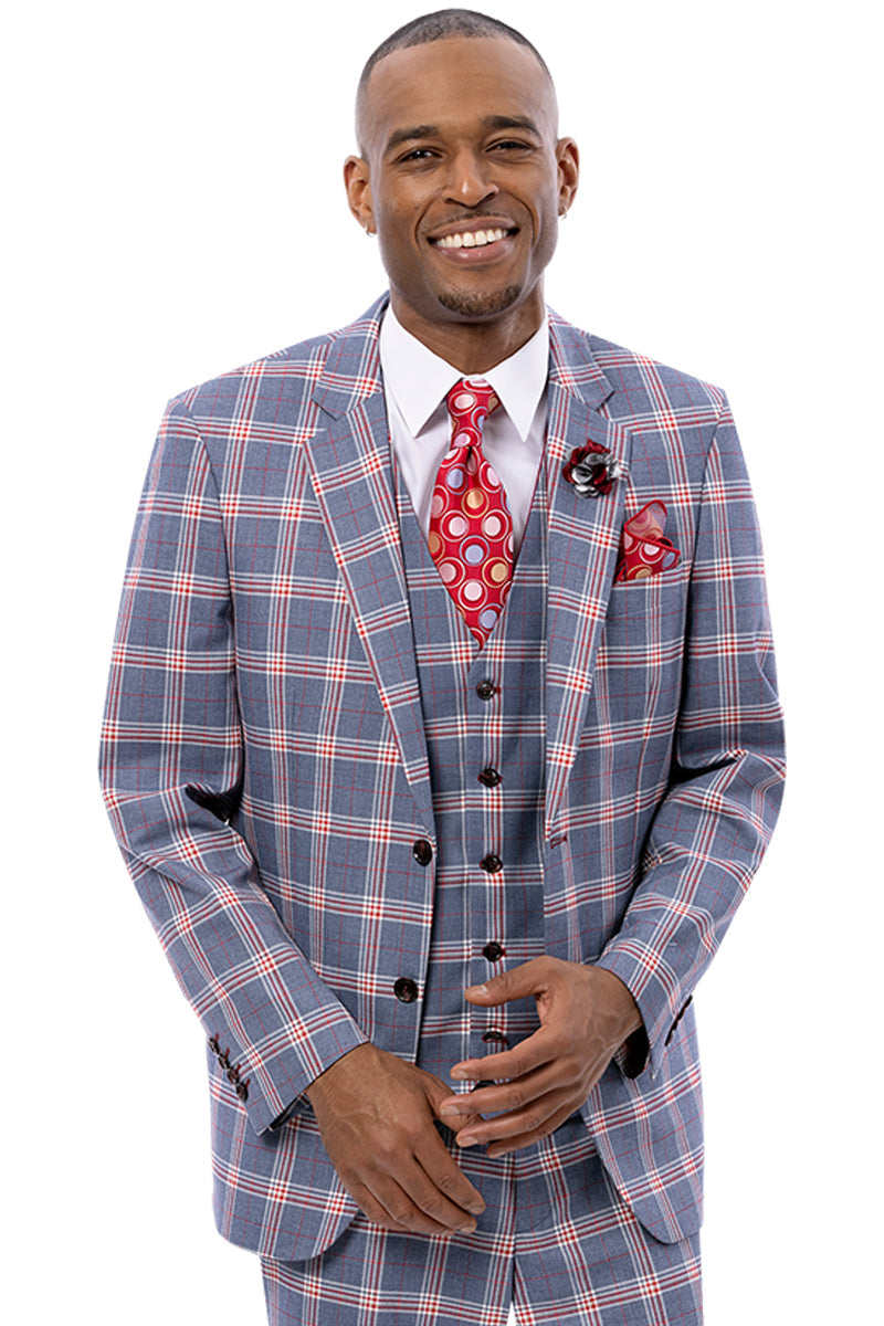 Men’s Two Button Vested Suit in Grey & Red Windowpane Plaid