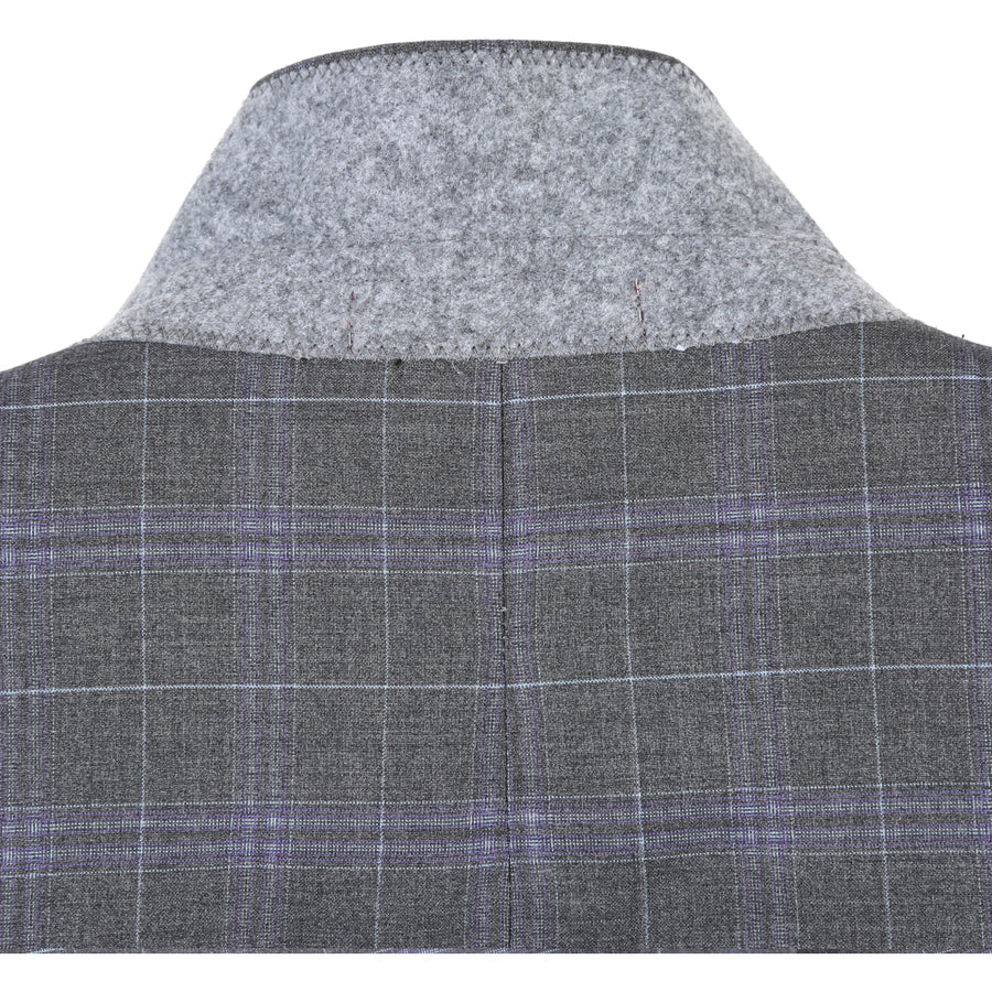 Mens Classic Fit Two Button Suit in Dark Grey and Lavender Windowpane Plaid