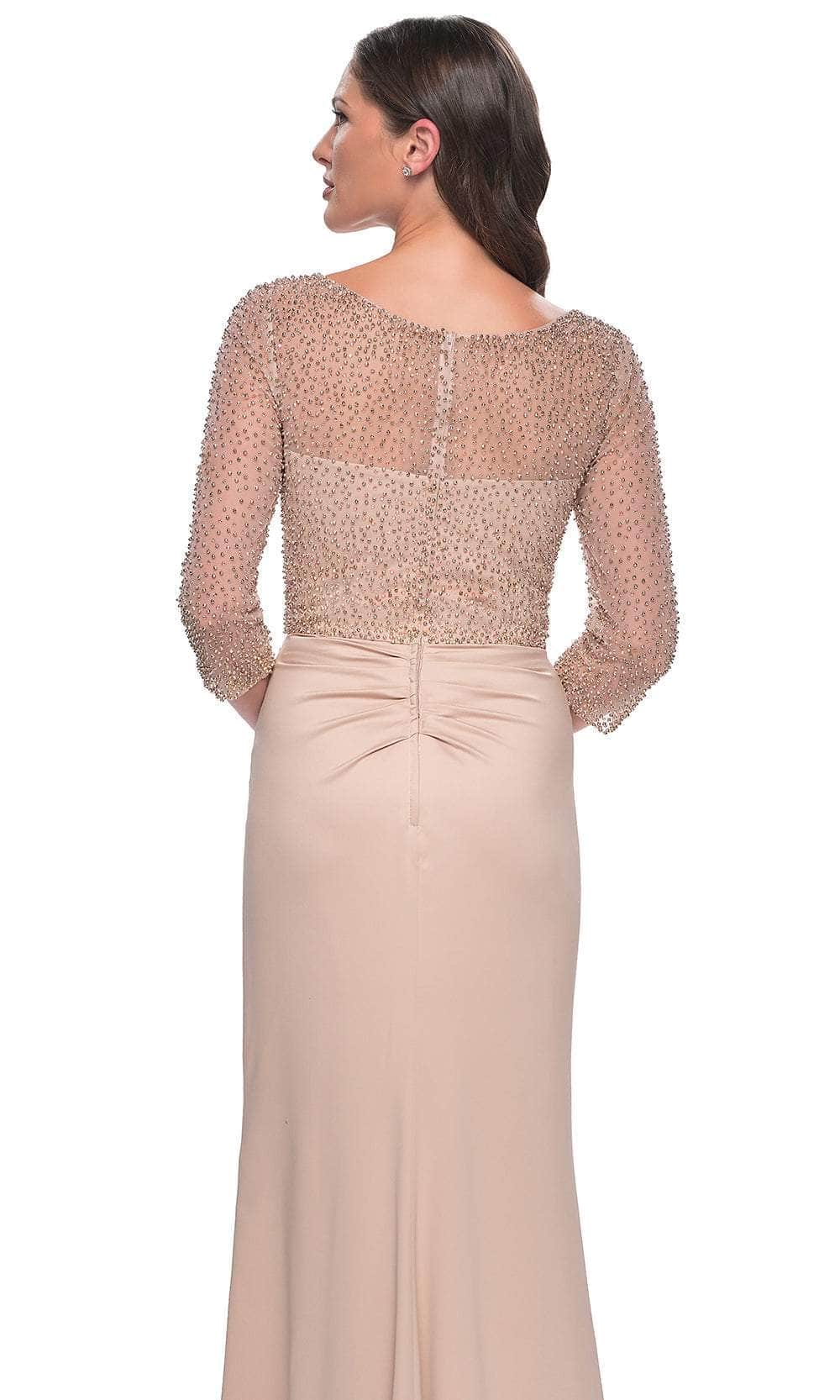 Beaded Illusion Quarter Sleeve Evening Gown