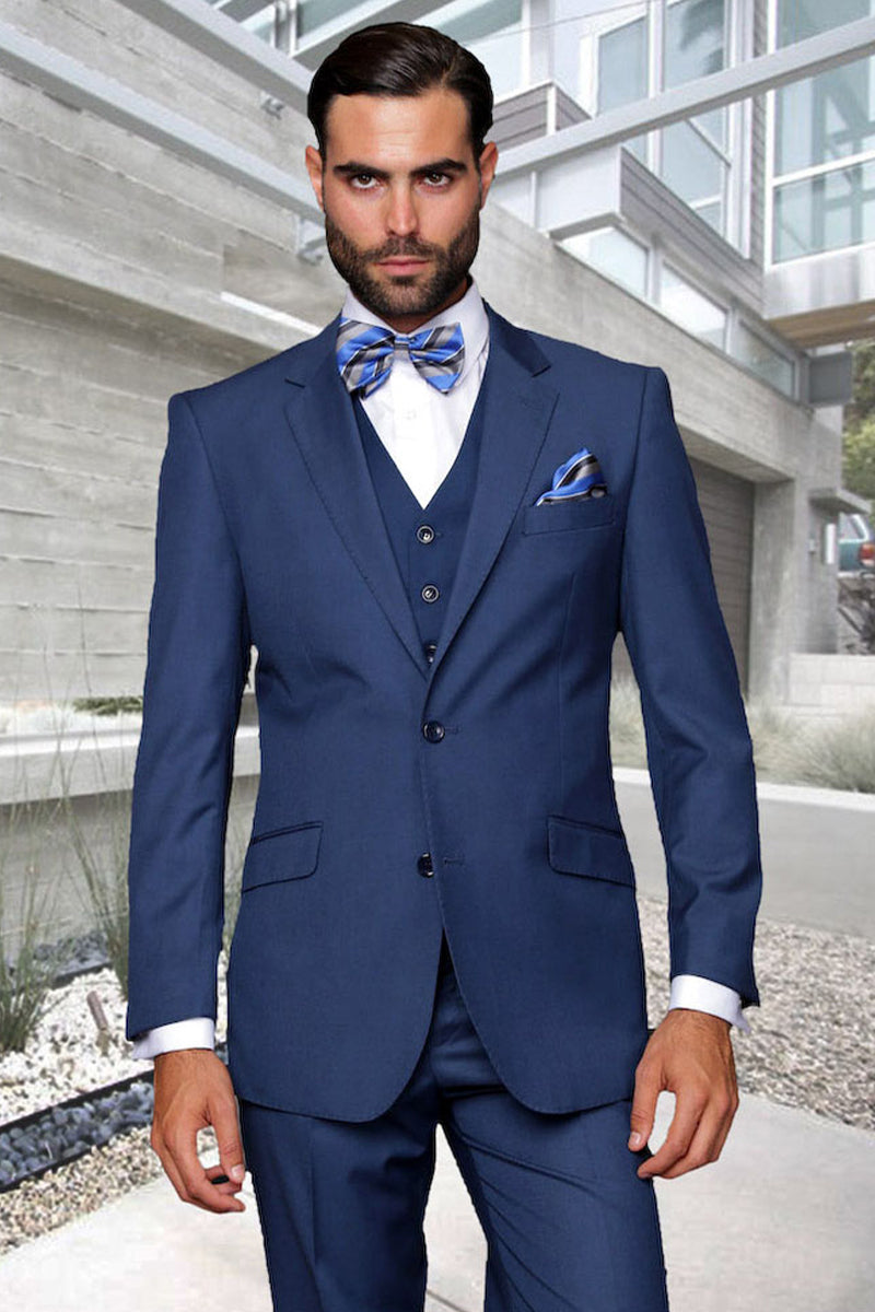 Men’s Designer Vested Modern Fit Wool Business & Wedding Suit in Indigo, Blue