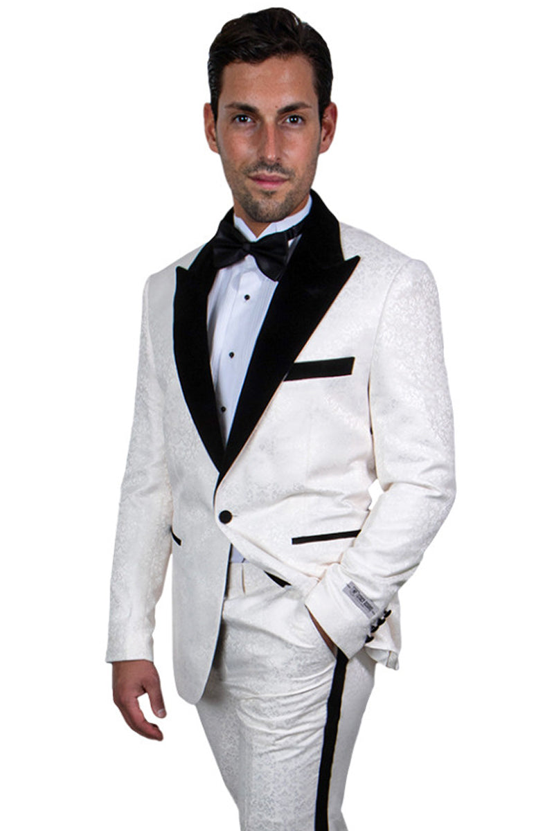 Men’s Stacy Adams Paisley Prom & Wedding Tuxedo in Ivory & Black