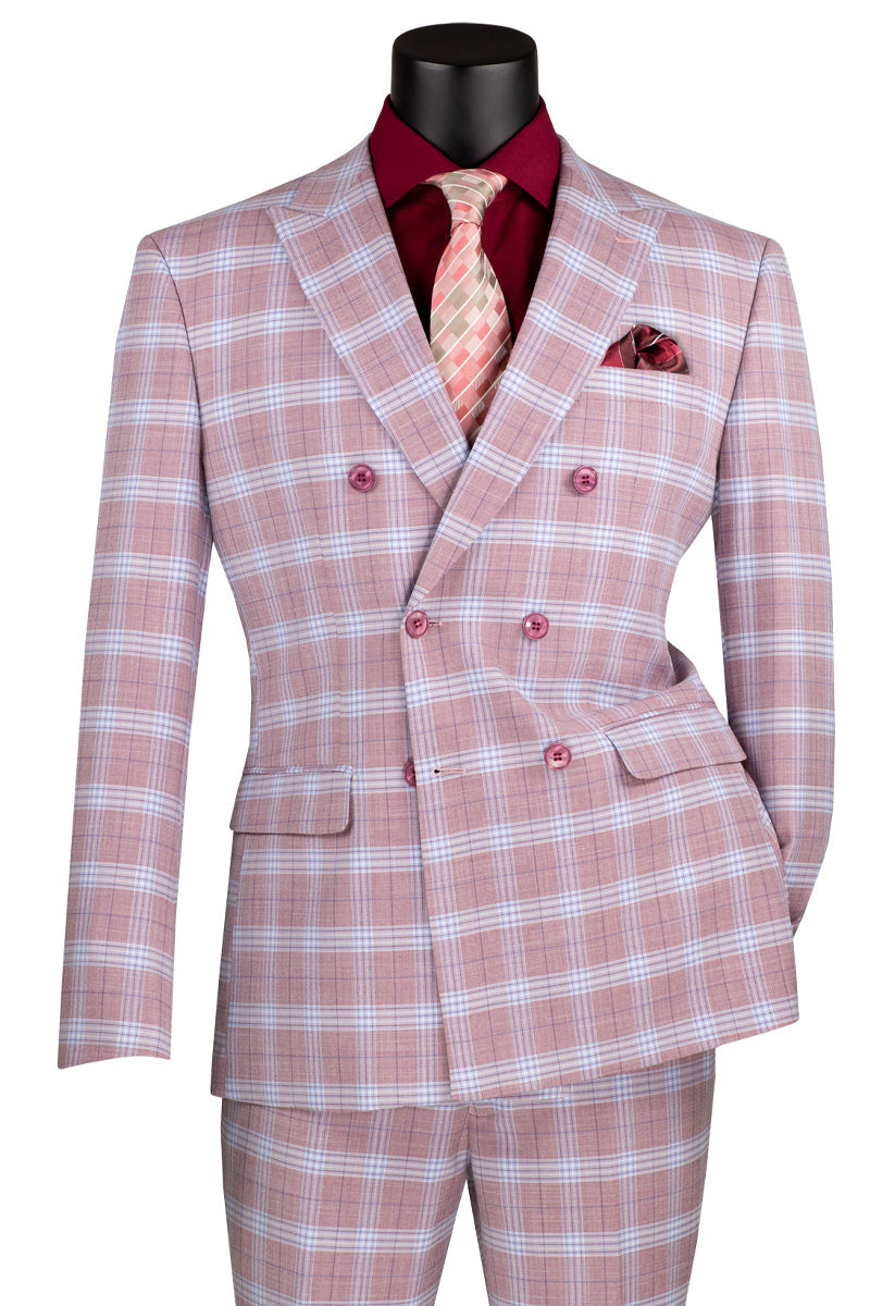Men’s Slim Fit Double Breasted Suit in Rose Pink Windowpane Plaid