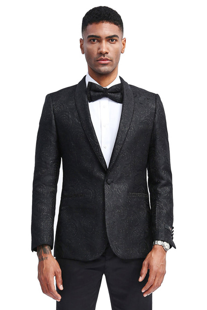 Men’s Slim Fit Tonal Paisley Prom Dinner Jacket in Black