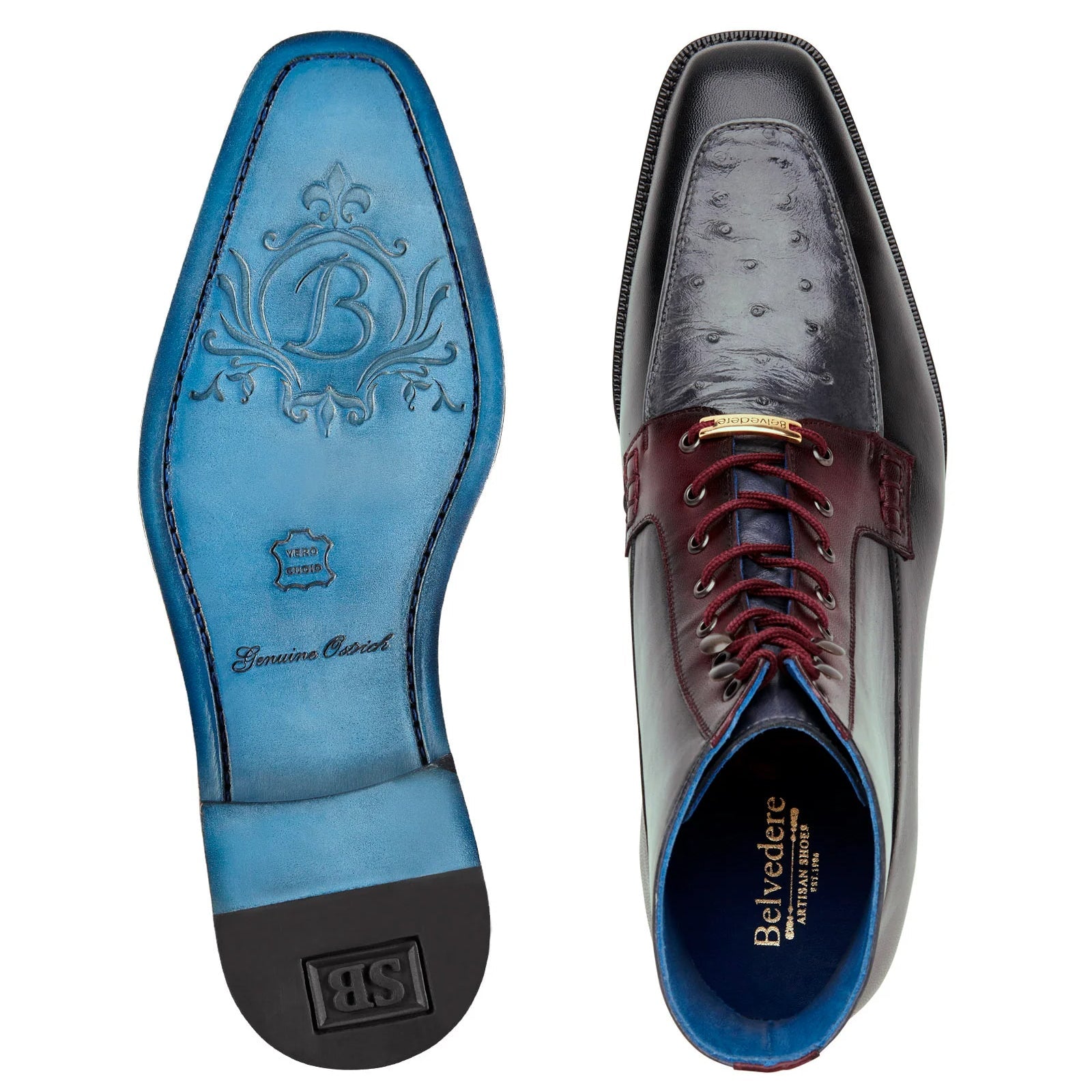 Men’s Belvedere Greco Ostrich Quill & Italian Leather Dress Boot in Black & Burgundy