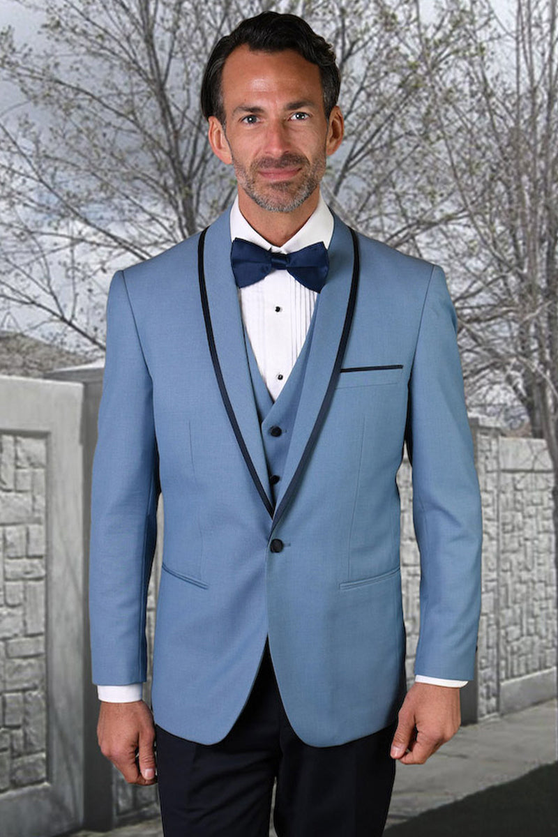 Men’s Designer Vested Satin Trim Shawl Wedding & Prom Tuxedo in Steel Blue