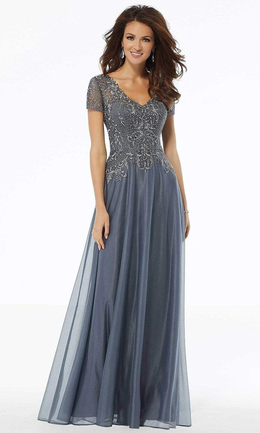 72116 Bead Embroidered Deep V-neck A-line Dress