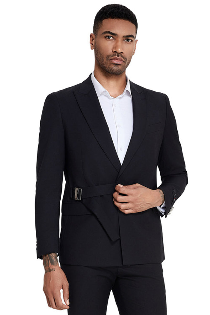 Men’s French Front Peak Lapel Strapped Slim Fit Suit in Black