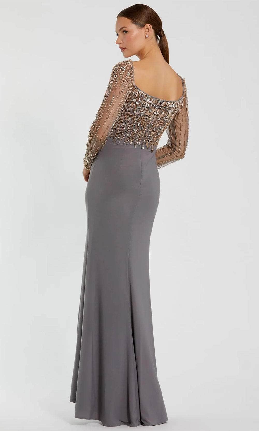 Sheer Sleeve Beaded Top Evening Dress