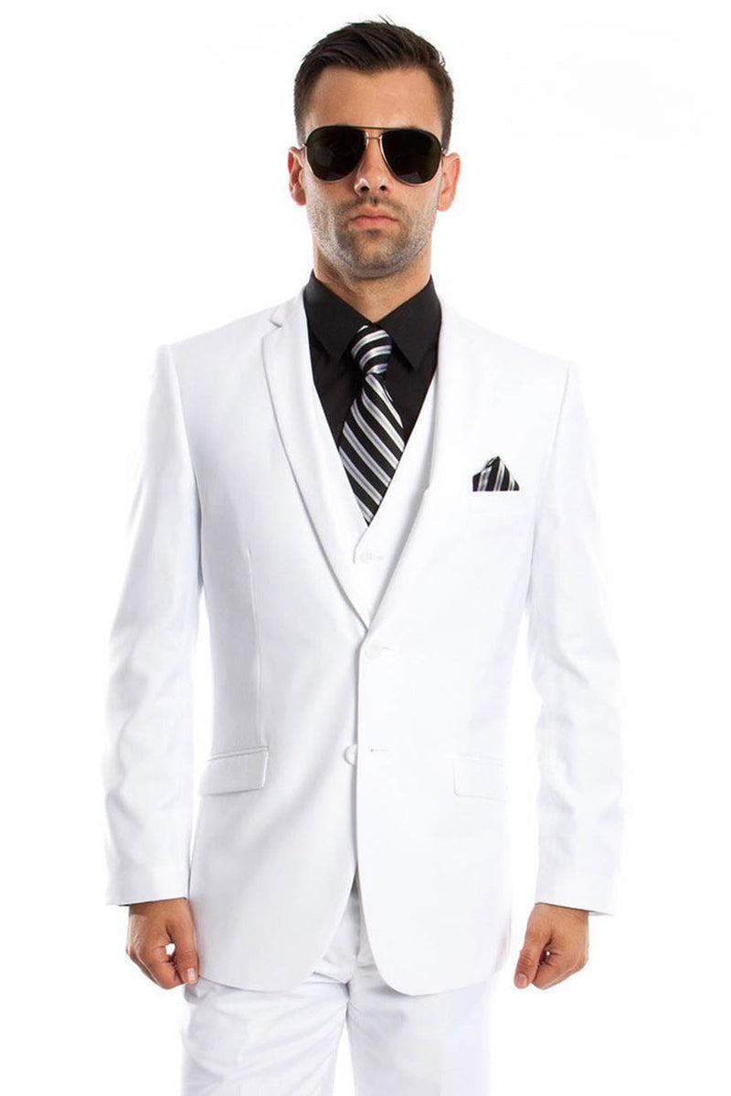 Men’s Two Button Slim Fit Basic Vested Wedding Suit in White