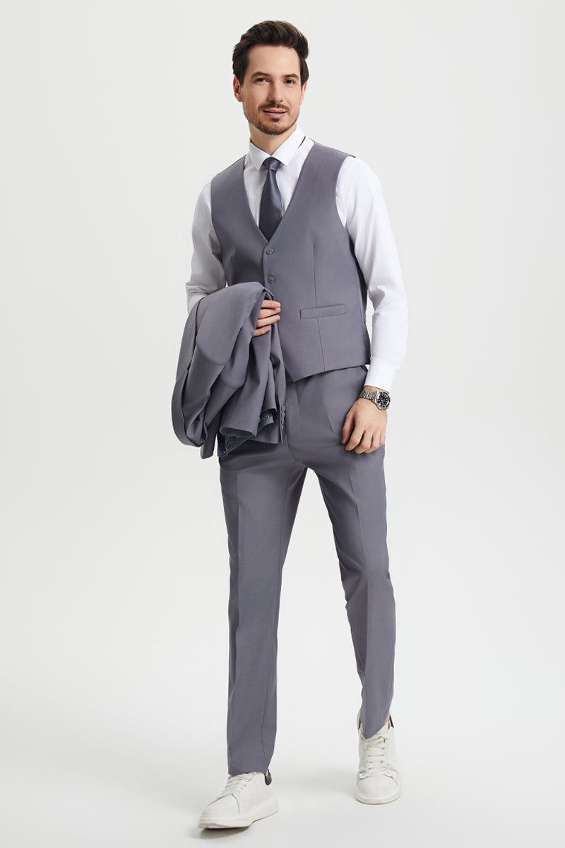 Men’s Two Button Vested Stacy Adams Basic Designer Suit in Medium Grey