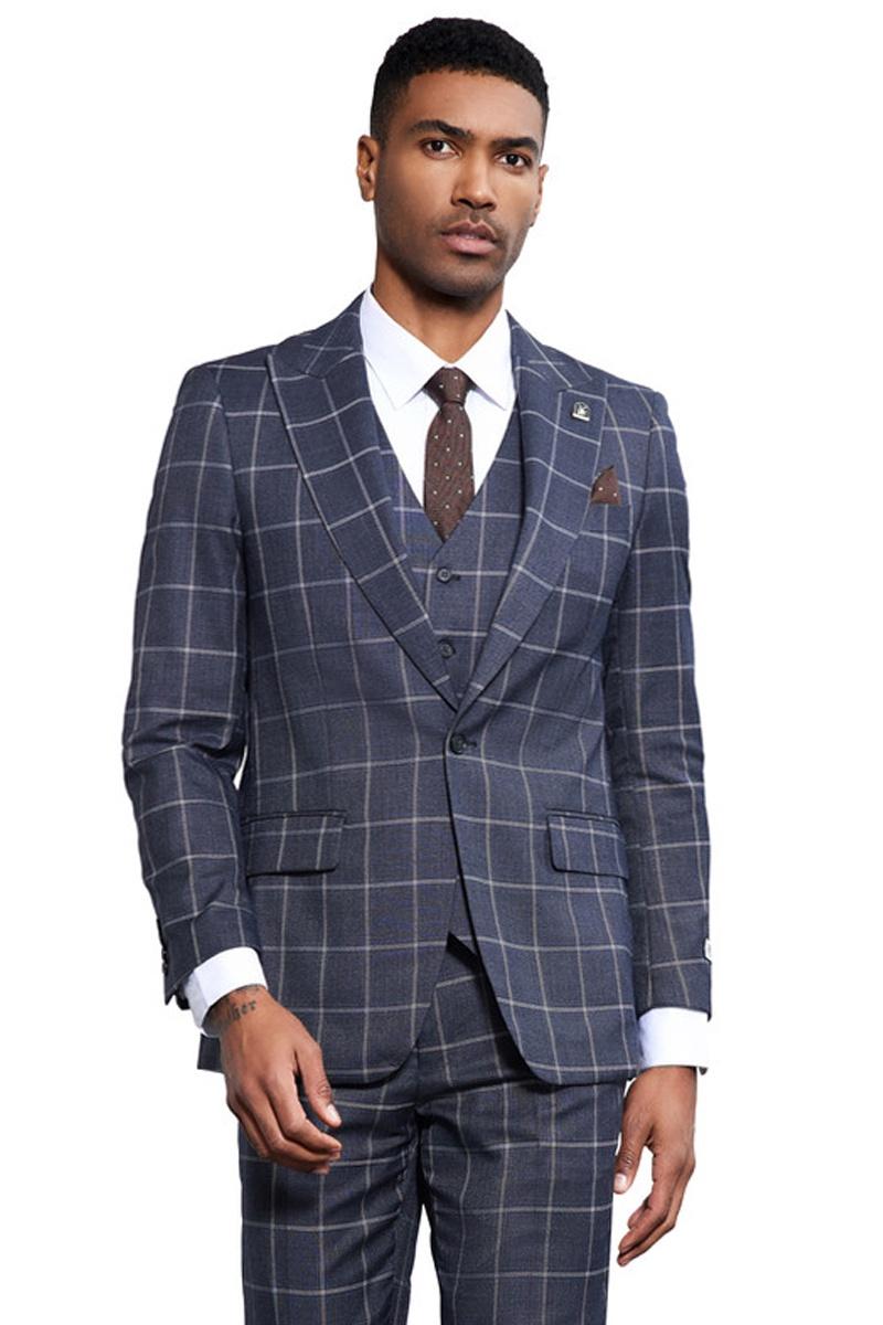 Men’s Stacy Adams Classic One Button Vested Windowpane Suit in Charcoal Grey