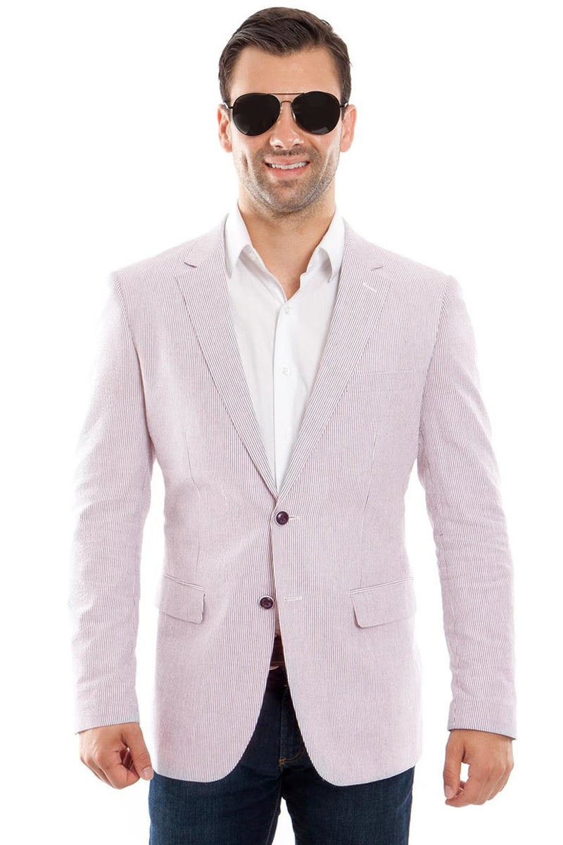 Men’s Two Button Summer Seersucker Sport Coat Blazer in Tan
