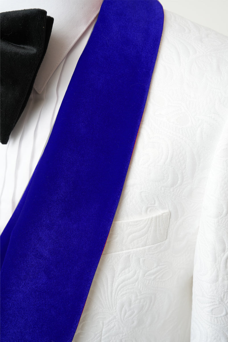 Men’s Vested White Paisley Wedding & Prom Tuxedo with Royal Blue Velvet Lapel