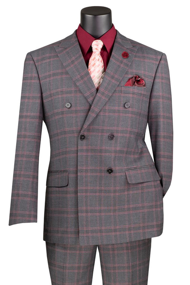 Men’s Modern Fit Double Breasted Stretch Suit in Charcoal Grey Glen Plaid