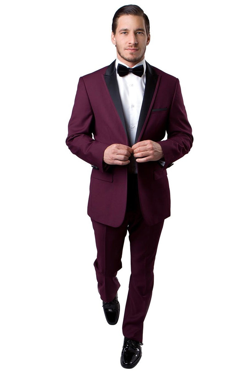 Men’s Slim Fit One Button Satin Trim Peak Lapel Prom & Wedding Tuxedo in Burgundy