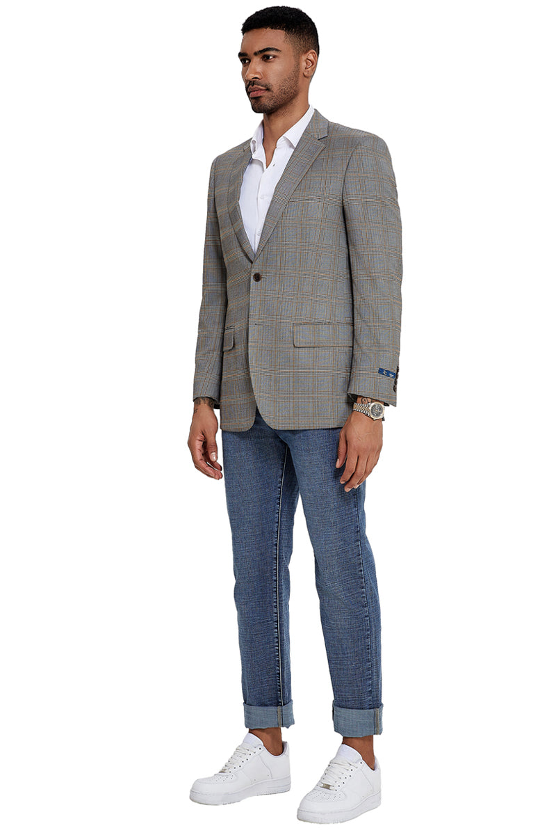 Men’s Two Button Modern Fit Sport Coat in Tan & Grey Windowpane Plaid