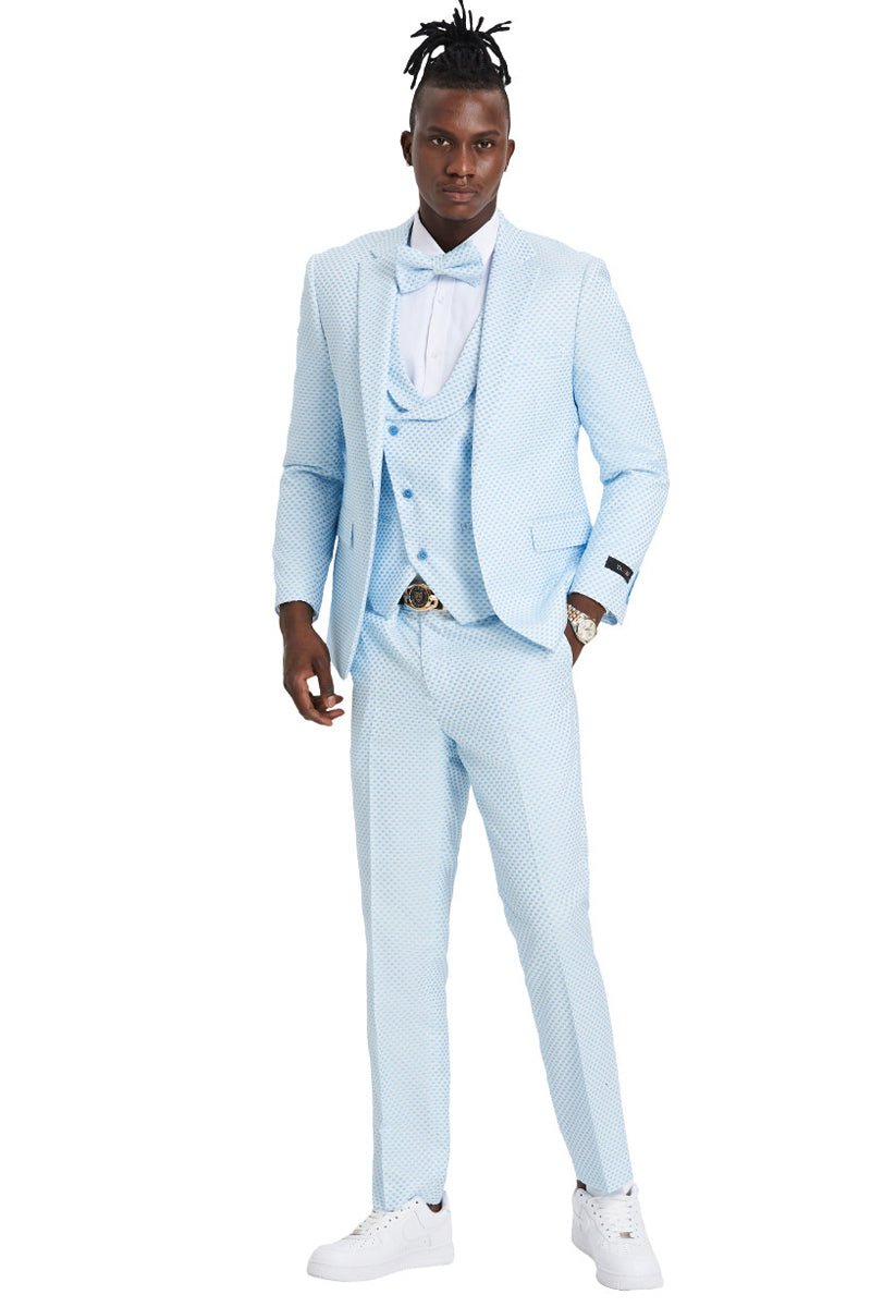 Men’s One Button Double Brested Vest Notch Lapel Prom & Wedding Suit in Sky Bue Polka Dot