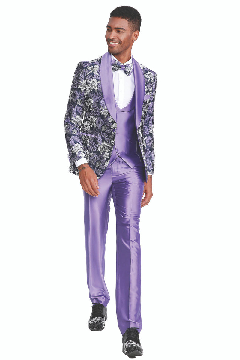 Men’s Slim Fit One Button Vested Paisley Shawl Lapel Prom Tuxedo in Purple
