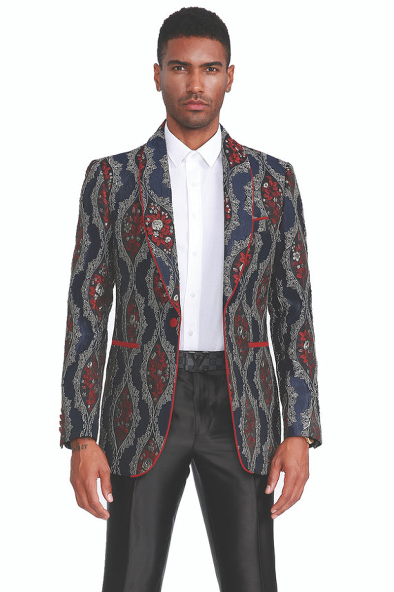 Men’s Paisley Brocade Dinner Jacket in Navy with Red Piping