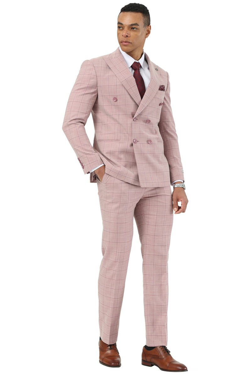 Men’s Stacy Adams Double Breasted Summer Suit in Pink Windowpane Plaid