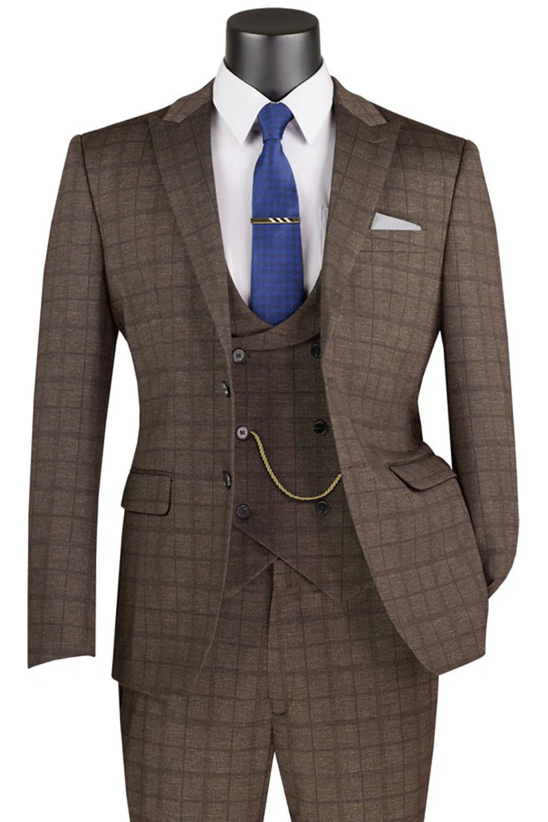 Men’s Two Button Vintage Style Slim Fit Vested Plaid Suit in Brown