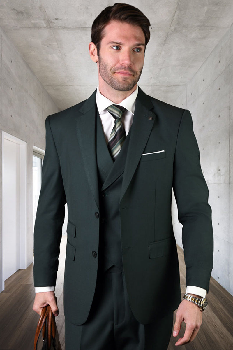 Men’s Designer Classic Fit Pleated Pant Wool Suit with Double Breasted Vest in Hunter Green