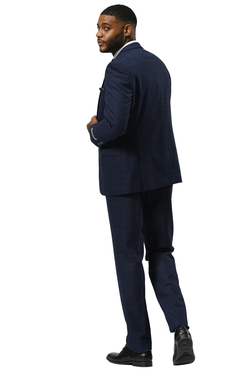 Men’s Stacy Adams One Button Peak Lapel Suit With Double Breasted Vest in Navy Glen Plaid