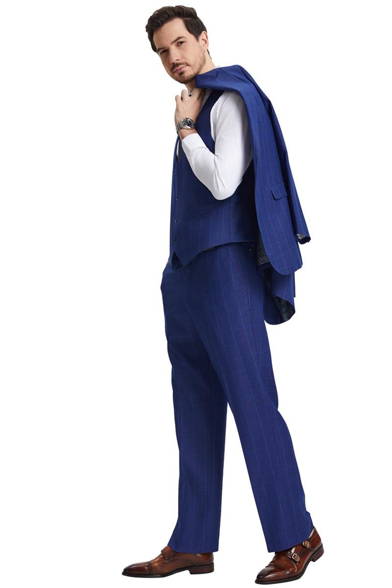 Men’s Stacy Adams Peak Lapel Blue Windowpane Plaid Suit with a Scoop Neck Vest