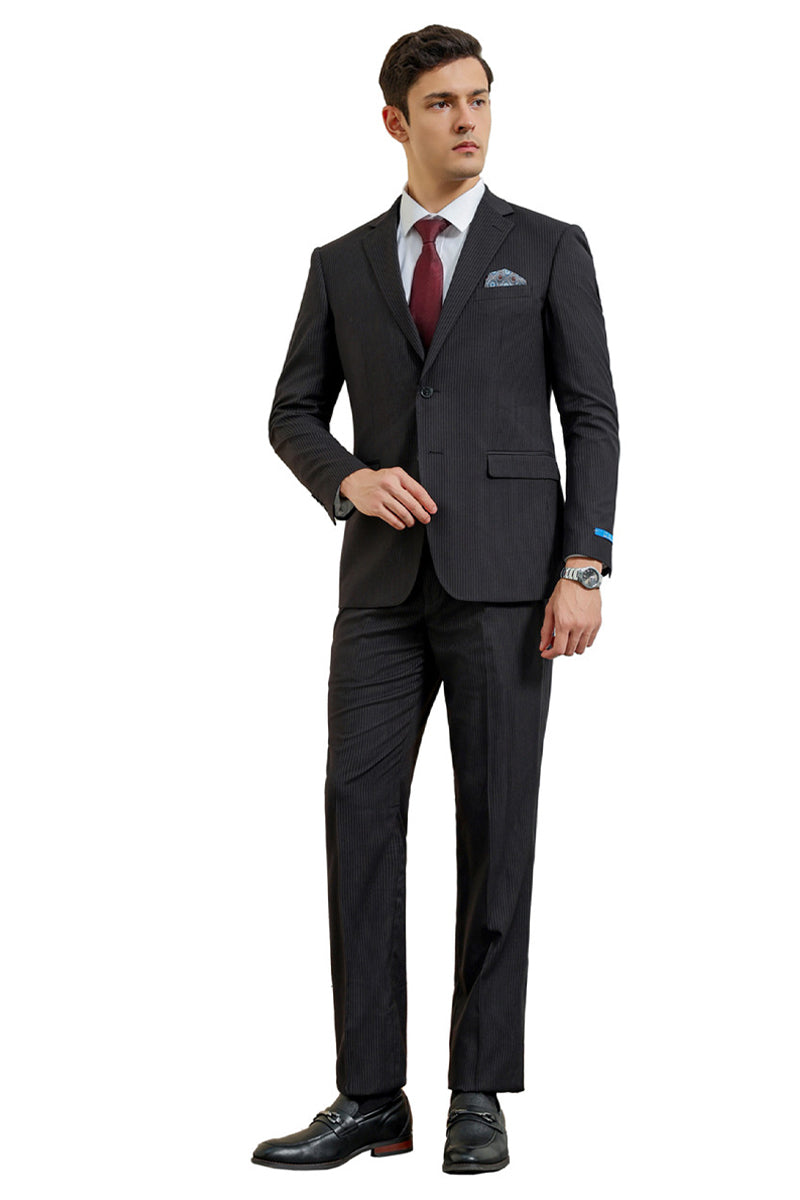 Men’s Two Button Modern Fit Vested Business Suit in Black Pinstripe