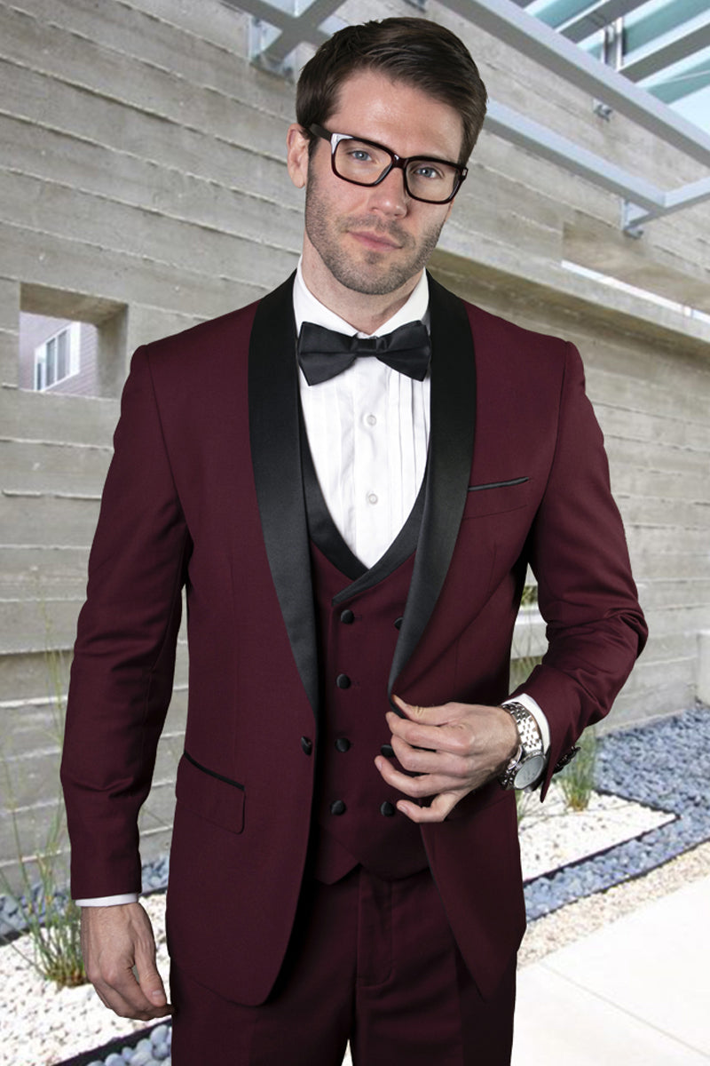 Men’s Designer Wool Shawl Tuxedo with Double Breasted Vest in Burgundy
