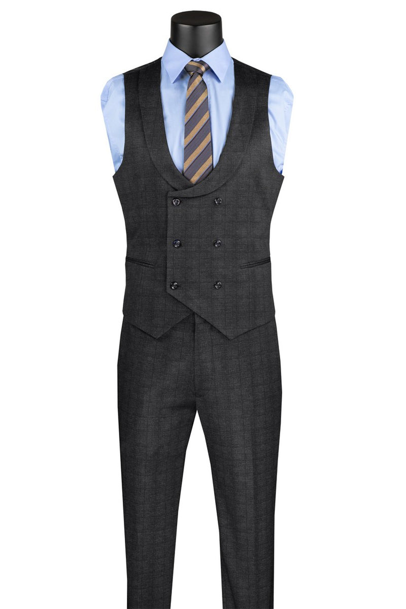 Men’s Two Button Vintage Style Slim Fit Vested Plaid Suit in Black