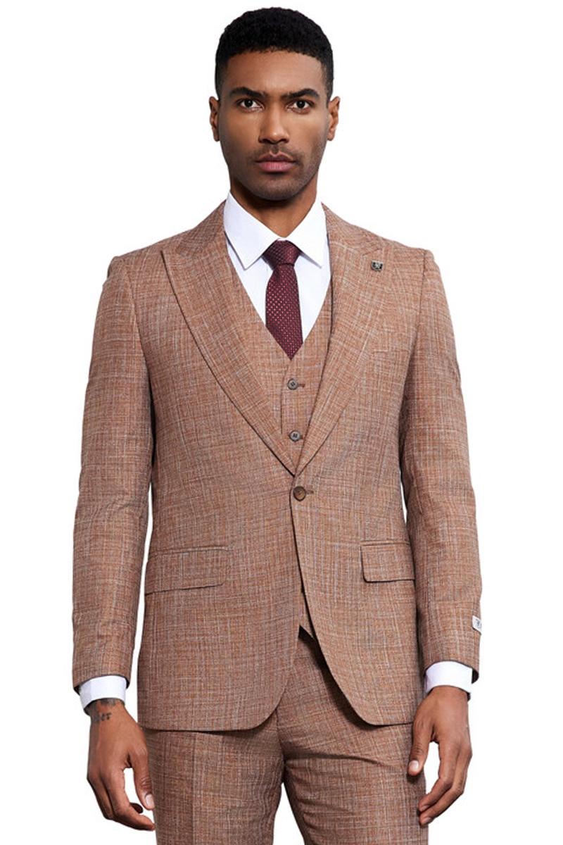 Men’s Stacy Adams Vested Sharkskin Weave Pattern Suit in Light Rust