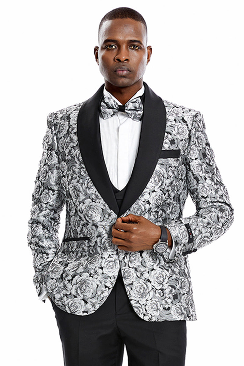 Men’s One Button Slim Fit Shiny Paisley Floral Vested Prom Tuxedo in Silver