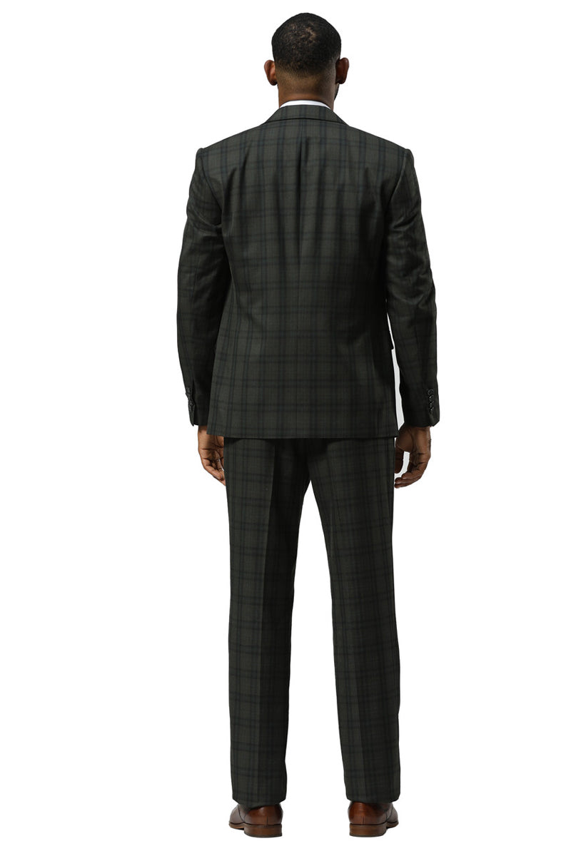 Men’s Stacy Adams Modern Fit Vested Suit in Dark Hunter Green Double Windowpane Plaid