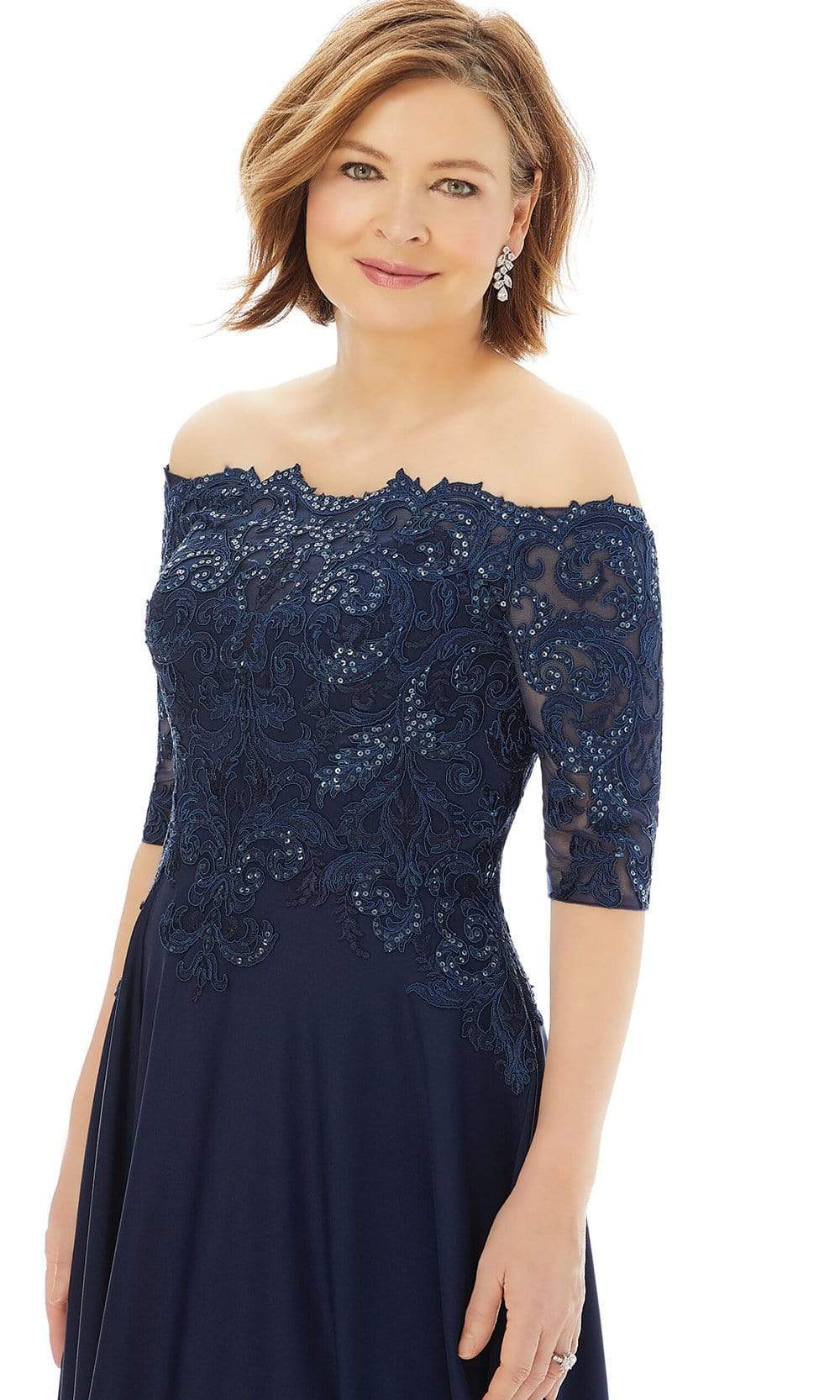 72220 Off Shoulder Embroidered Lace Crepe Gown