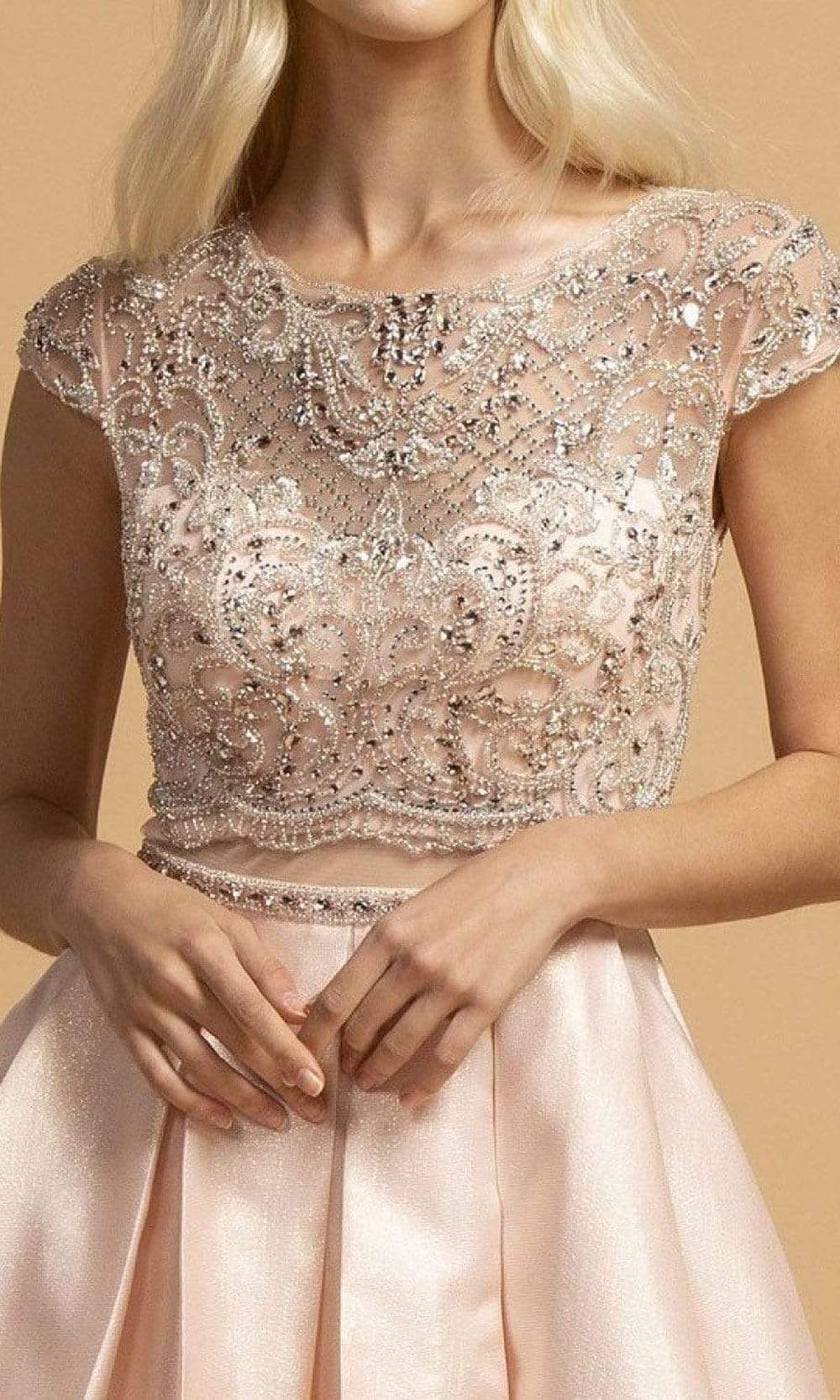 L2157 Faux Two-Piece Beaded Cap Sleeve Dress