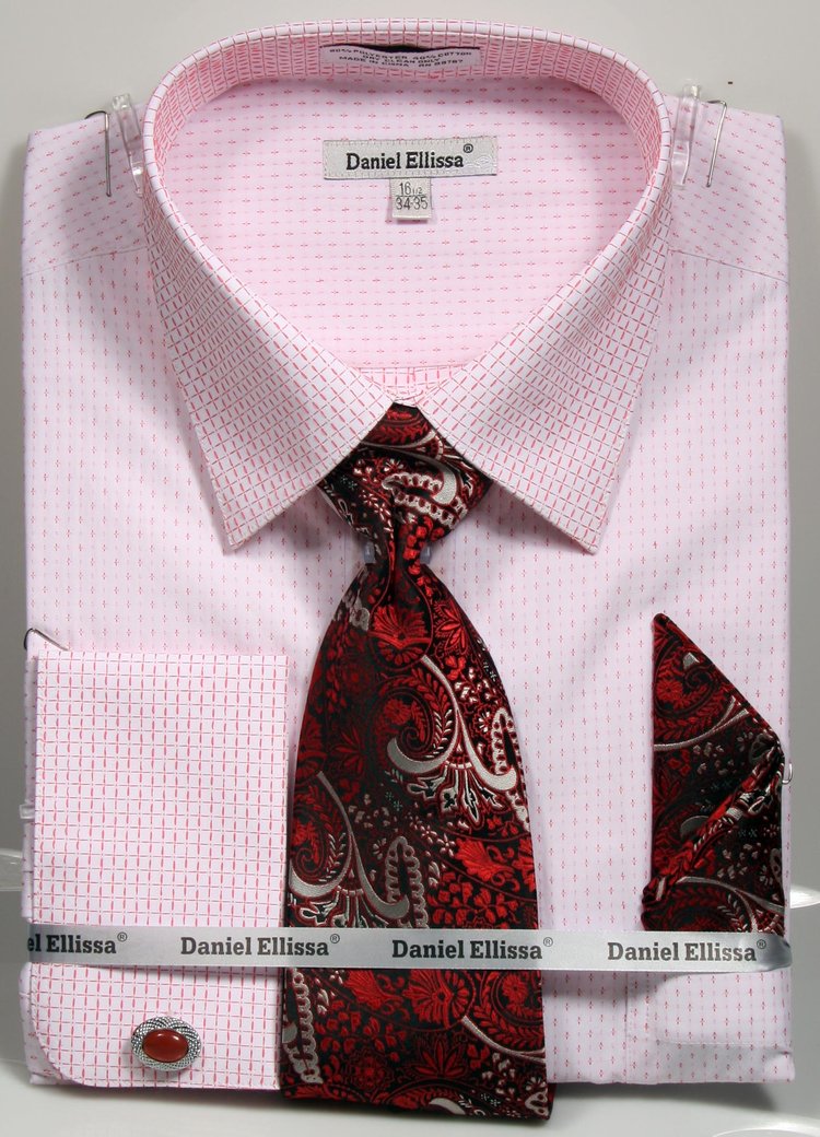 Men’s French Cuff Mini Plus Patter Spread Collar Regular Fit Dress Shirt & Tie Set in White & Red