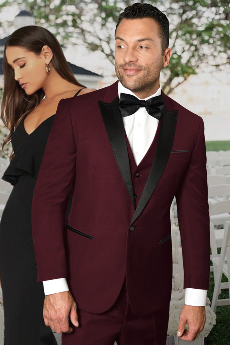 Men’s Vested One Button Peak Lapel Designer Wedding Tuxedo in Burgundy