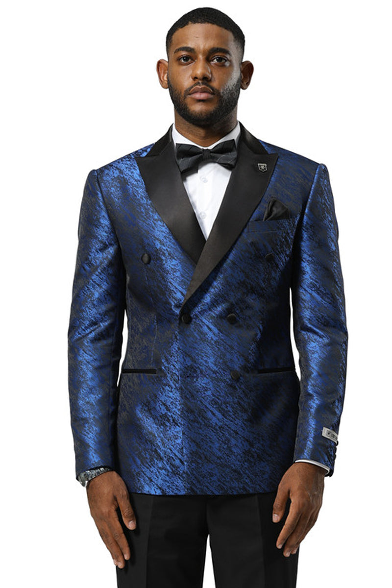 Men’s Stacy Adams Double Breasted Wedding & Prom Tuxedo Jacket in Textured Shiny Royal Blue Sharkskin