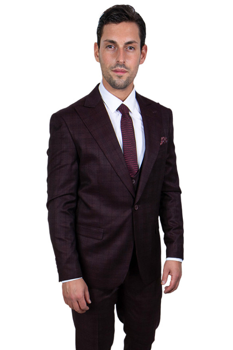 Men’s Stacy Adams One Button Vested Peak Lapel Glen Plaid Suit in Burgundy