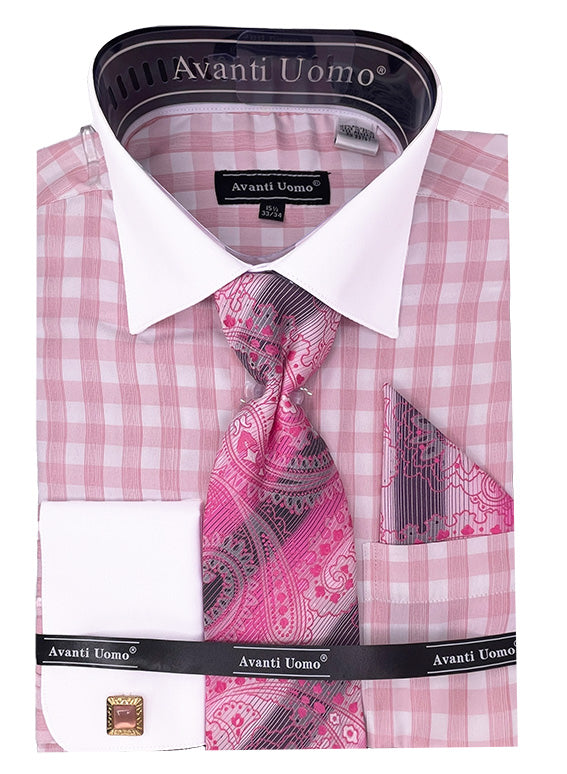 Men’s Contrast Collar French Cuff Checkered Plaid Dress Shirt Set in Pink