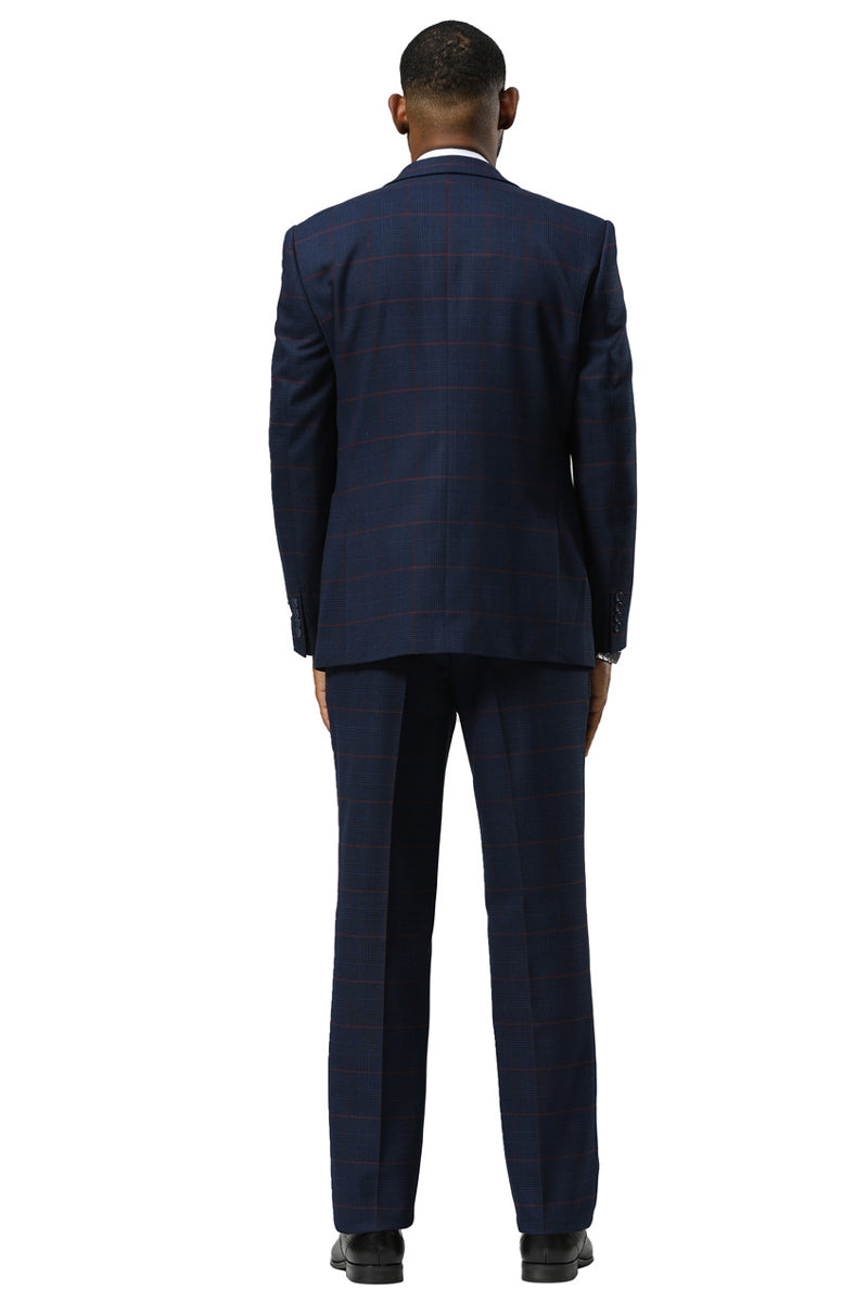 Men’s Stacy Adams One Button Peak Lapel Suit With Double Breasted Vest in Navy Glen Plaid
